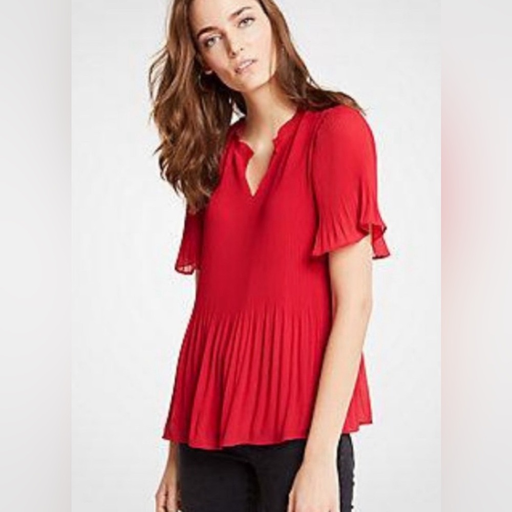 Ann Taylor Pleated Red Blouse Ruffle Sleeve Size XSP